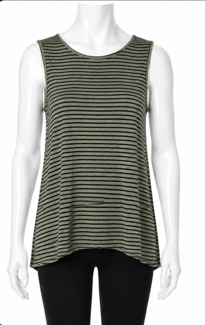 Peyton Jensen Olive & Black Strip Lace Up Back Crew Neck Sleeveless Tank Top XS